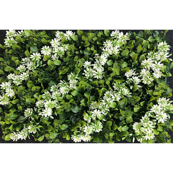 Non UV Artificial Vertical Garden Mat with Green Leaves and Diagonal White Flowers (40 X 60 cm)